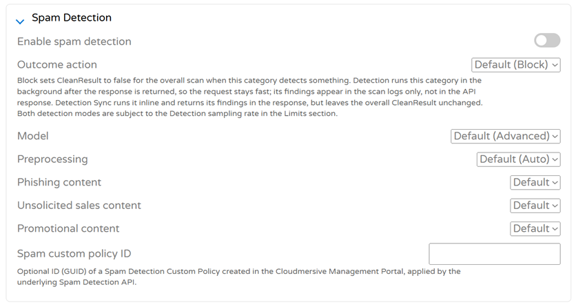 Spam detection settings