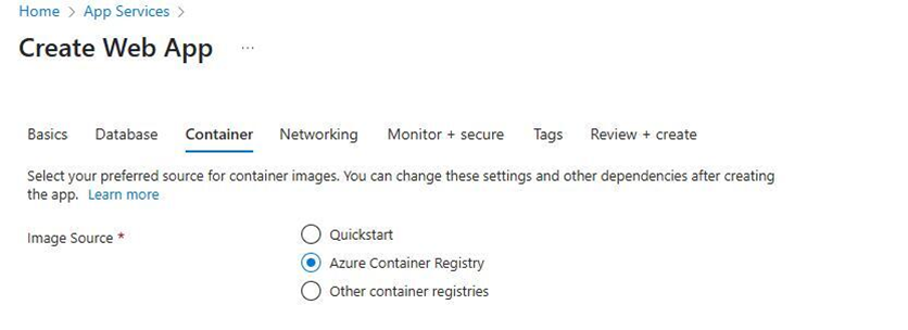 Azure Portal - click azure container registry image source