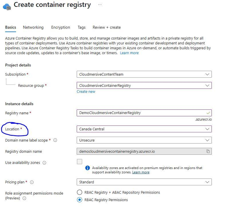 Azure portal - carefully select location