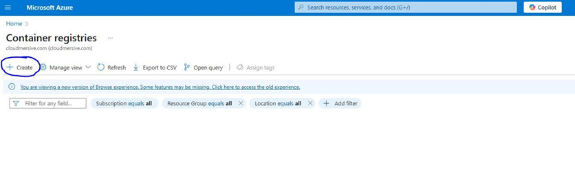 Azure Portal - Click Create New Registry