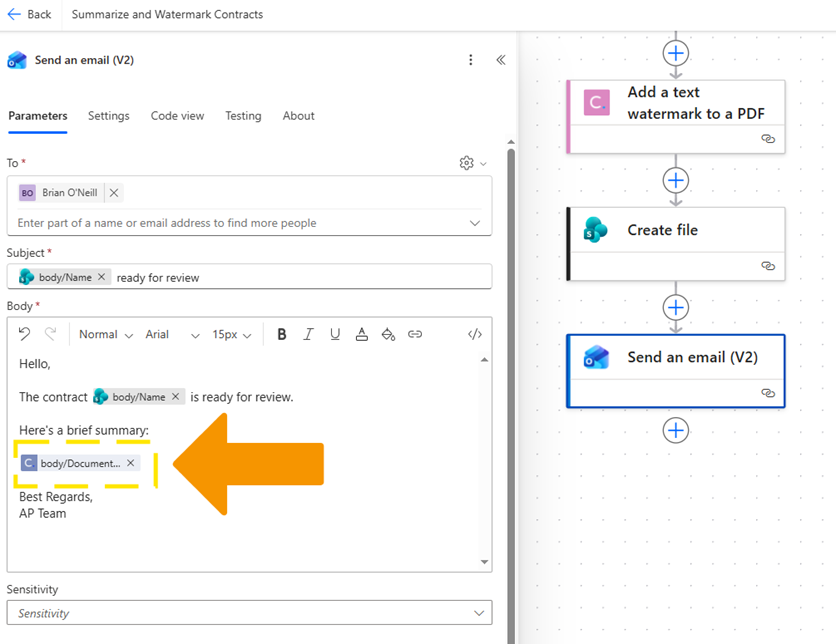 13 - Configure Send an Email action with summary text in body
