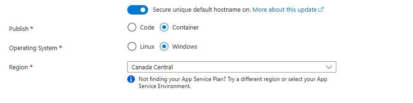 Azure Portal - publish and os and region