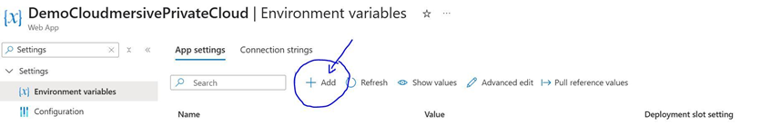 Azure Portal - click add for first variable