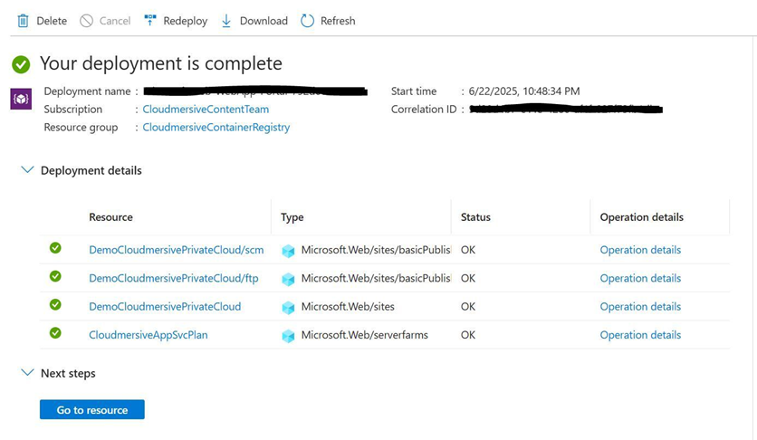 Azure Portal - Successful Web App Deployment