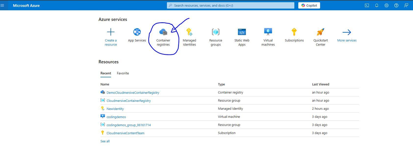 Azure Portal - Find Container Registries