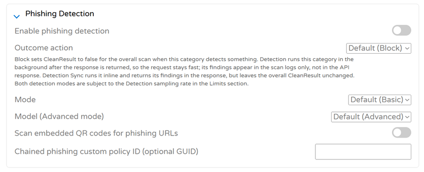 Phishing detection settings