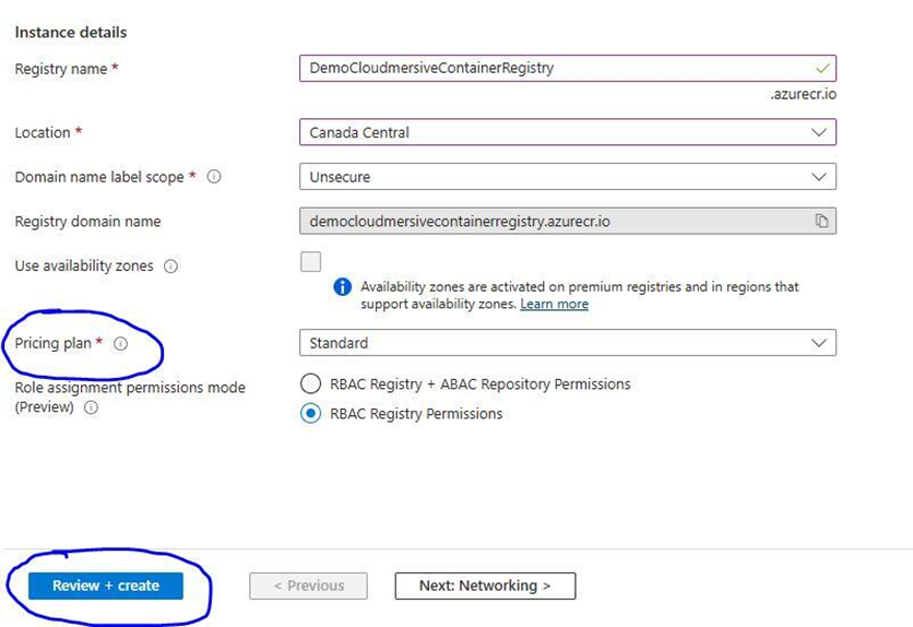 Azure Portal - review pricing plan and then review and create