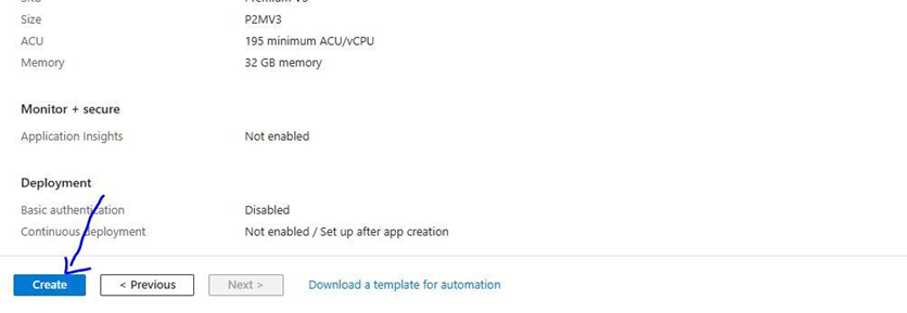 Azure Portal - click create to deploy web app