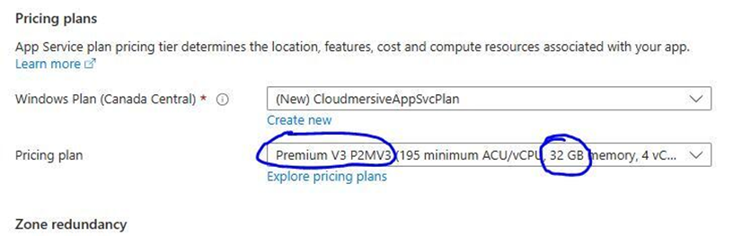 Azure Portal - Select pricing plan with 32 gb ram