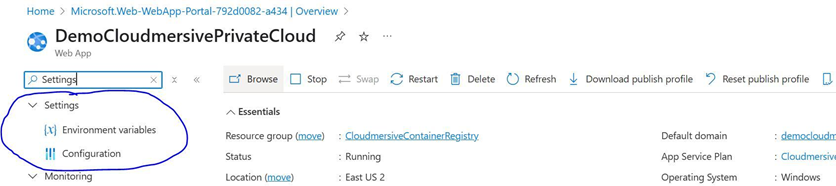 Azure Portal - navigate to settings
