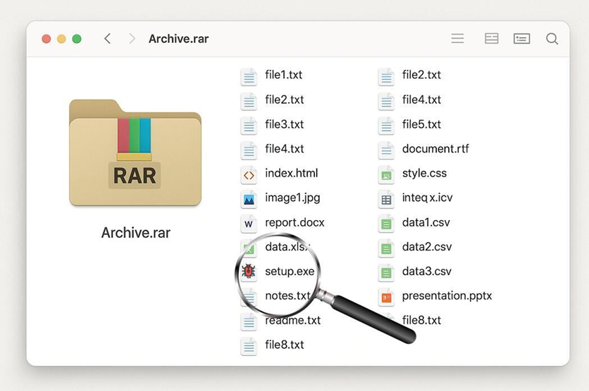 rar with malicious exe under magnifying glass