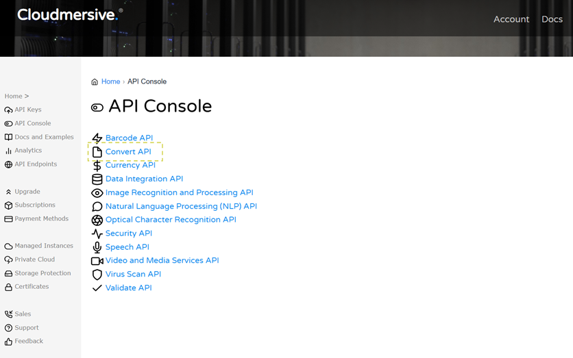 1a - select conver api console page