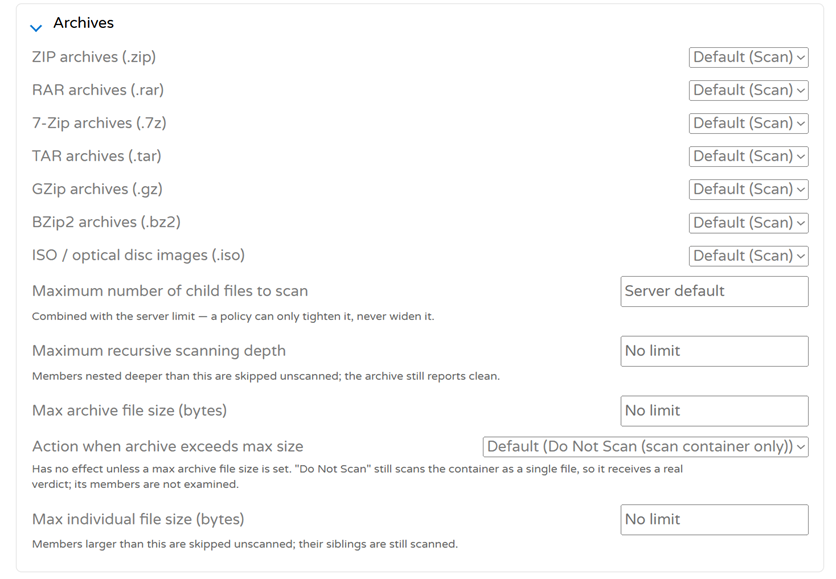 Archive scan settings
