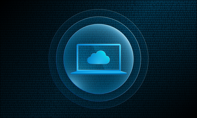 computer with radiating circles and binary background