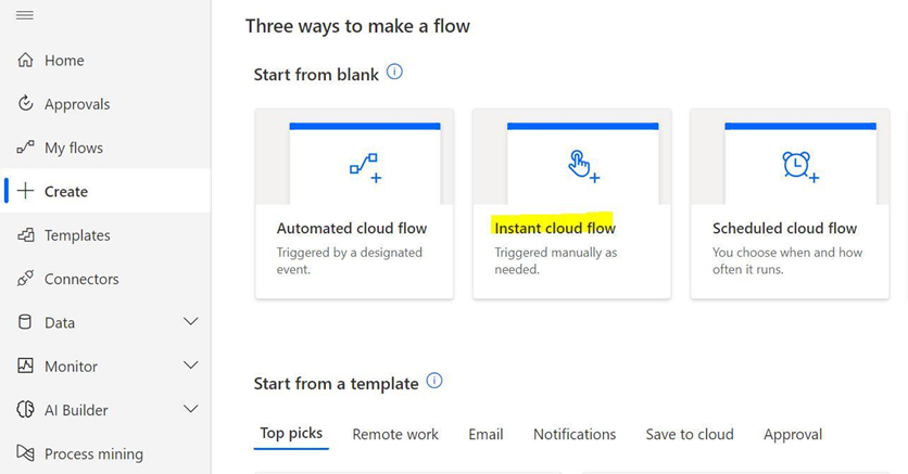 1 - select instant cloud flow