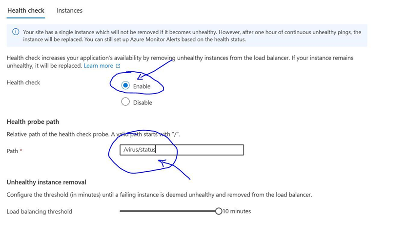 Azure Portal - Enable Healthcheck and add virus status path