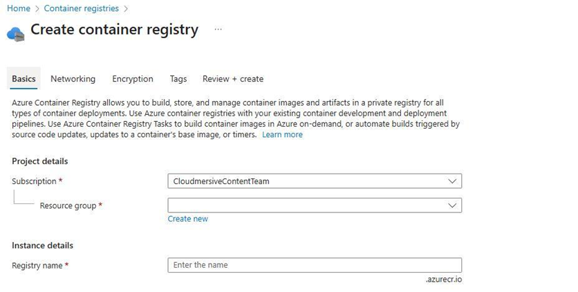 Azure Portal - Blank Create Registry
